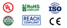 UL, RoHS, ISO, ETL, REACH and CE certification logos
